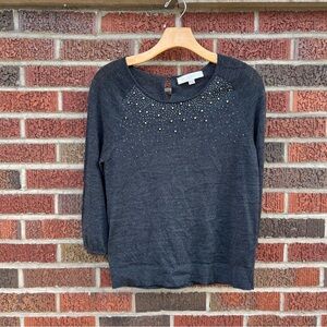 LOFT Dark Gray Rhinestone Crusted Front Scrunch Wrist Sleeve Top